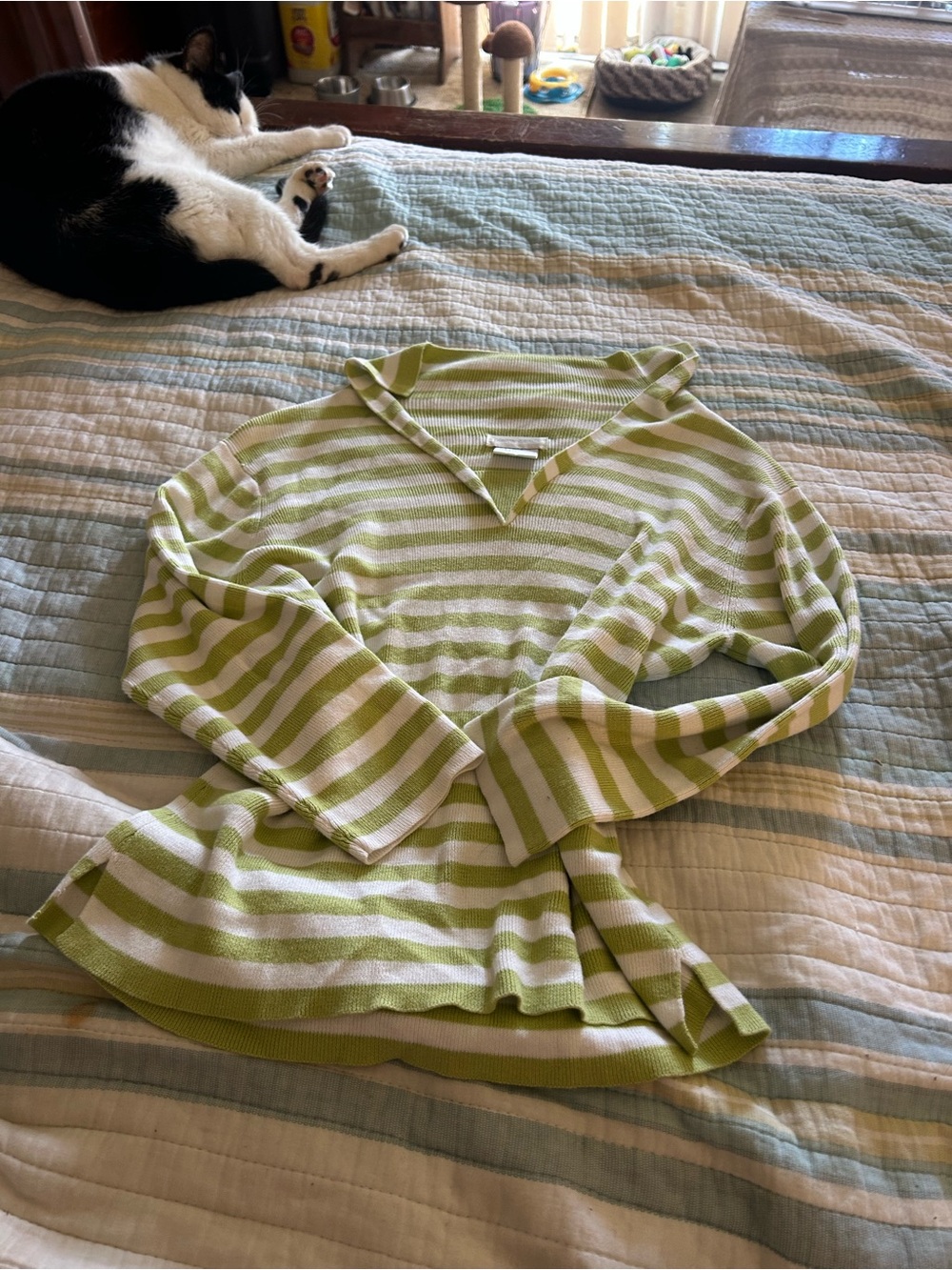 Pierre Cardin Lime Green and White Striped V-Neck Pullover